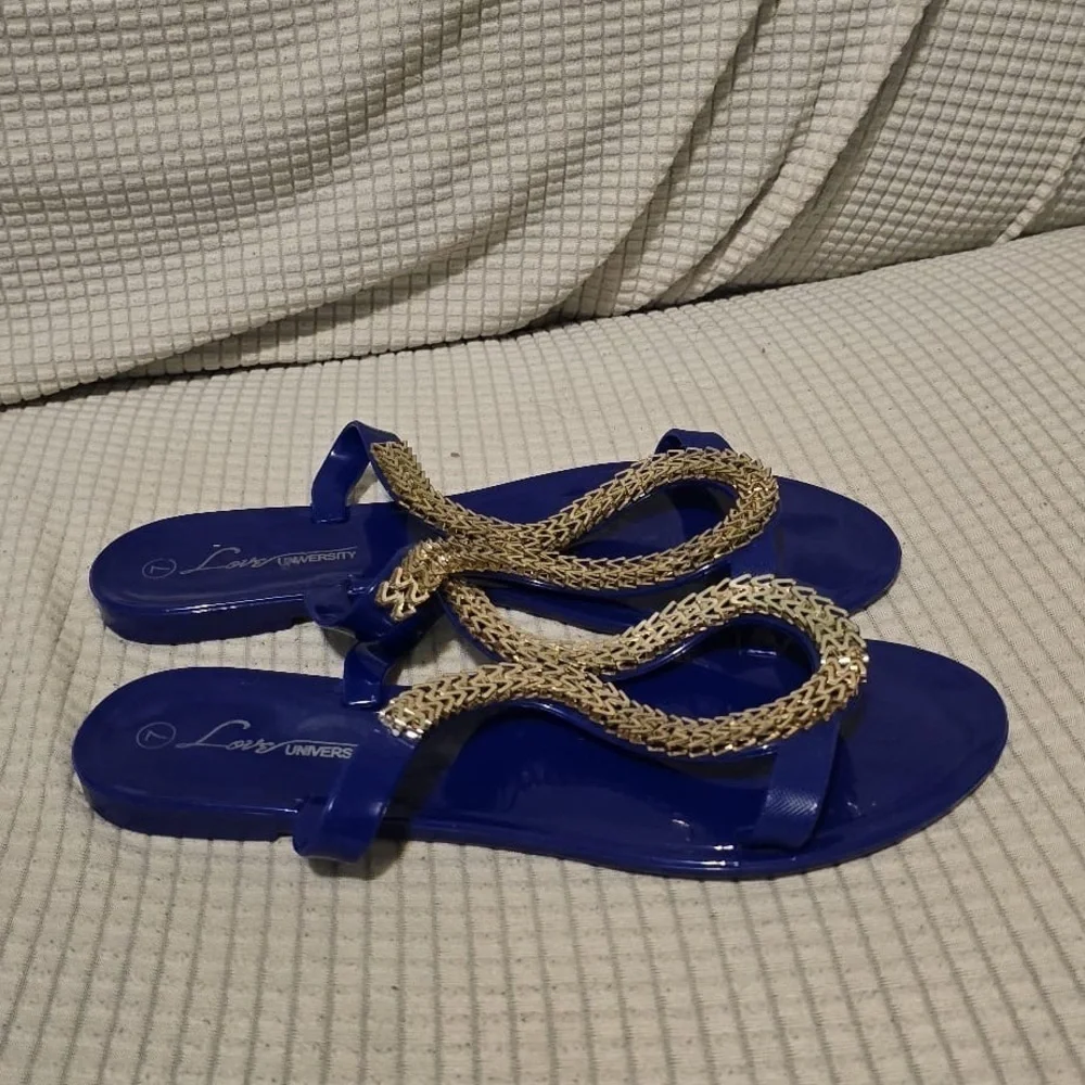 Chic Blue Sandals with Gold Detailing